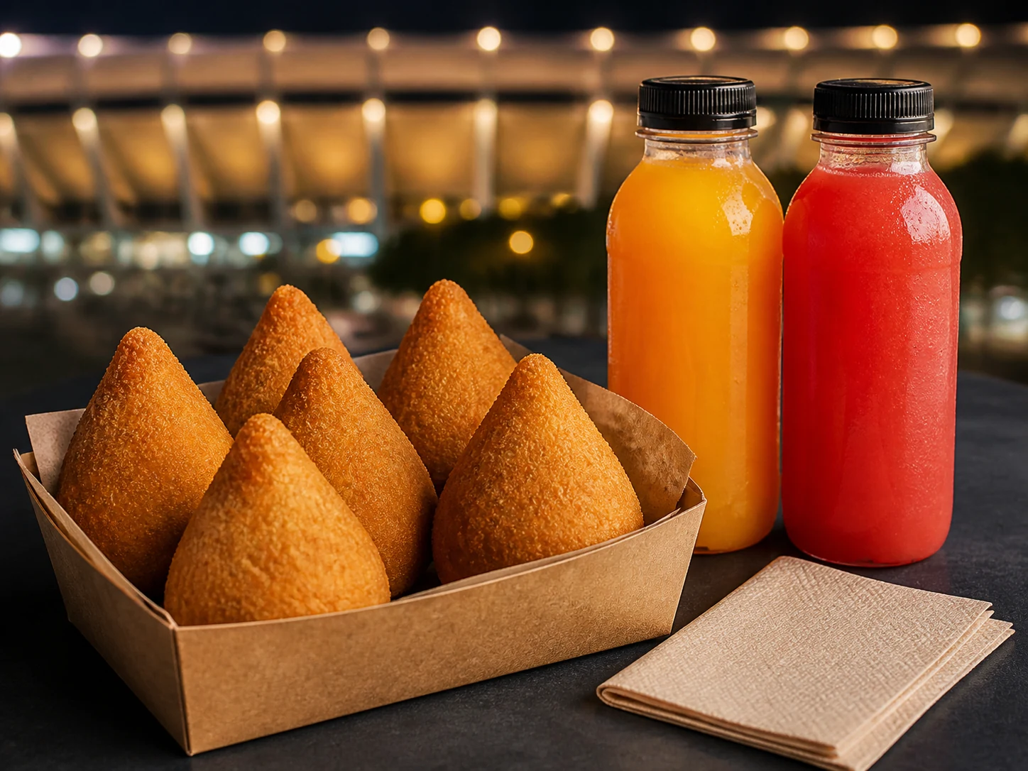 Coxinhas douradas com garrafas de suco de laranja e suco vermelho preparadas para levar ao Maracanã